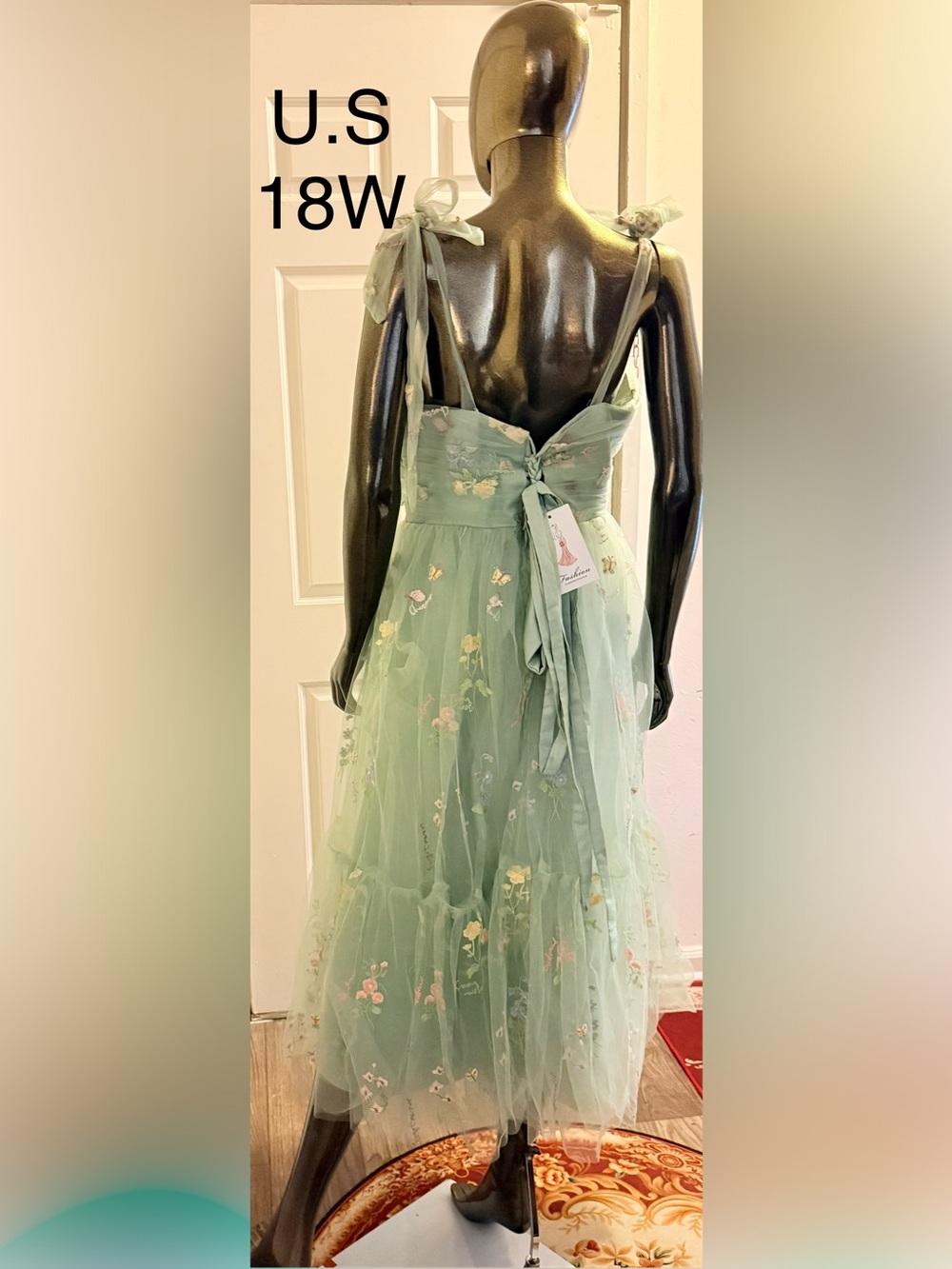 Mint Green Floral Tulle Formal Dress with Tie Shoulder Straps